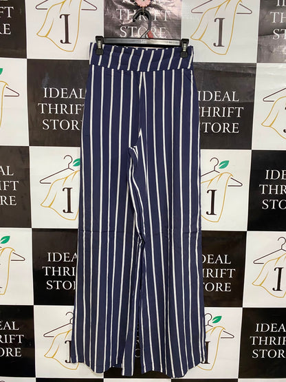|M| WAIST 26| A27| NAVY BLUE & WHITE VERTICAL STRIPED WIDE-LEG TROUSERS