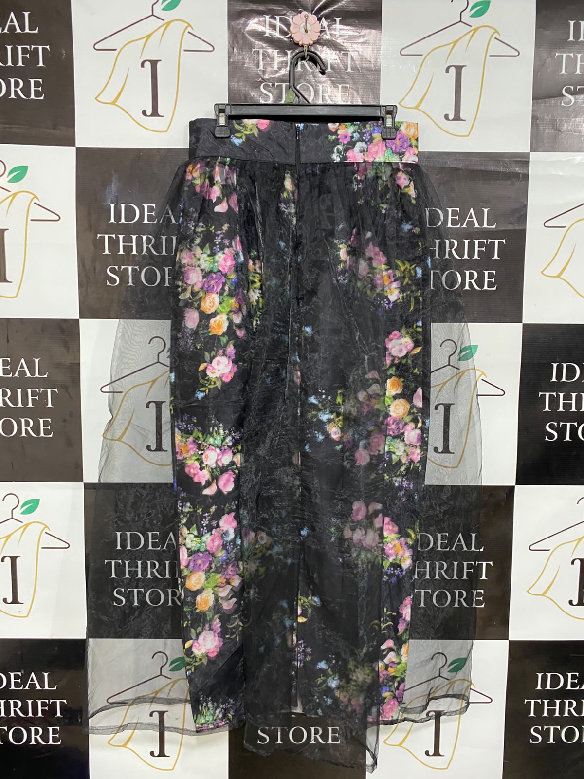 CARAMEL |L| WAIST 30| A27| BLACK & MULTICOLOR FLORAL SHEER OVERLAY MIDI SKIRT WITH MATCHING WAISTBAND