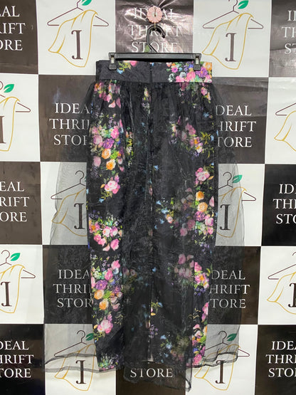 CARAMEL |L| WAIST 30| A27| BLACK & MULTICOLOR FLORAL SHEER OVERLAY MIDI SKIRT WITH MATCHING WAISTBAND