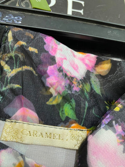 CARAMEL |L| WAIST 30| A27| BLACK & MULTICOLOR FLORAL SHEER OVERLAY MIDI SKIRT WITH MATCHING WAISTBAND