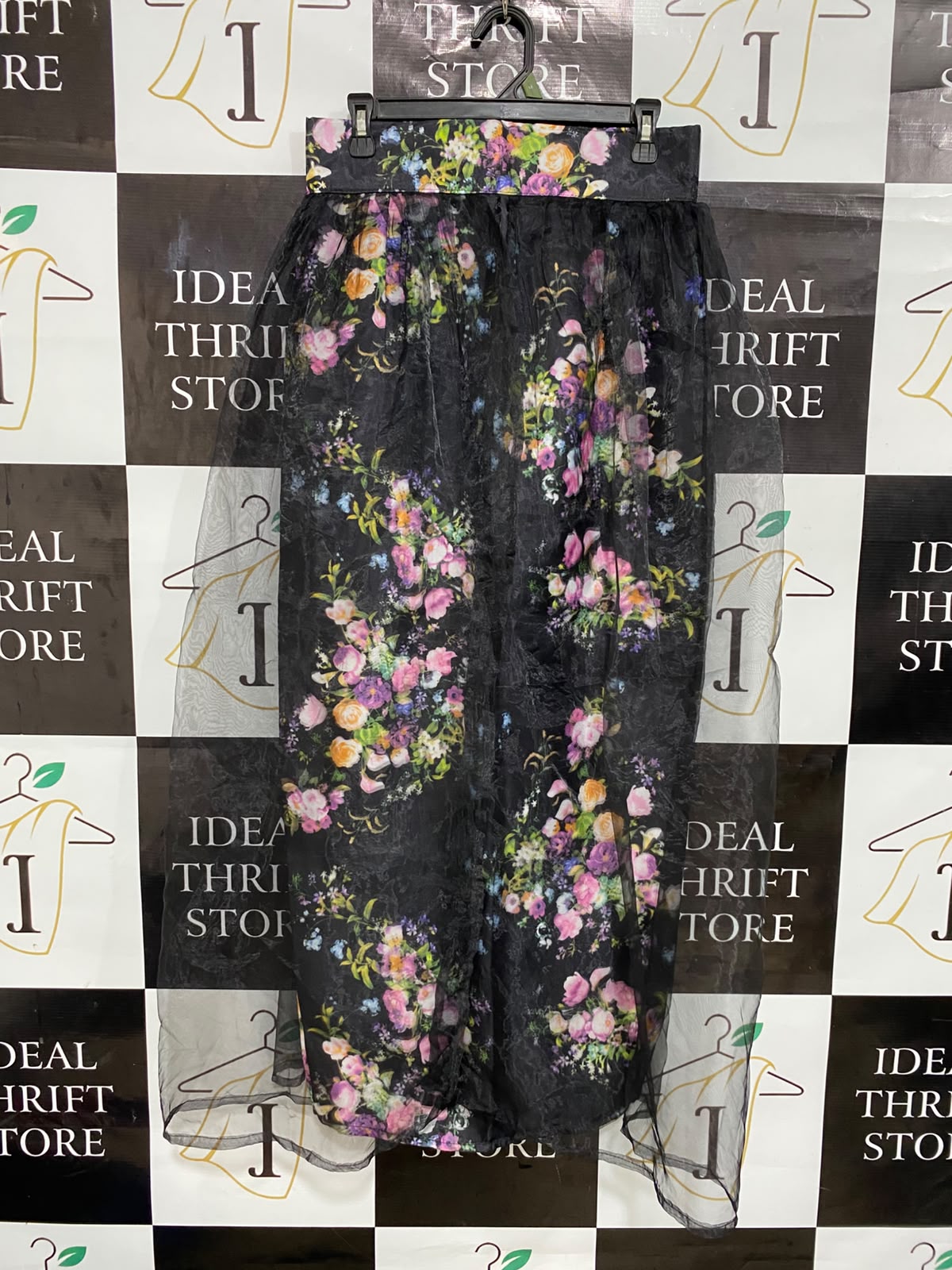 CARAMEL |L| WAIST 30| A27| BLACK & MULTICOLOR FLORAL SHEER OVERLAY MIDI SKIRT WITH MATCHING WAISTBAND