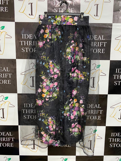 CARAMEL |L| WAIST 30| A27| BLACK & MULTICOLOR FLORAL SHEER OVERLAY MIDI SKIRT WITH MATCHING WAISTBAND