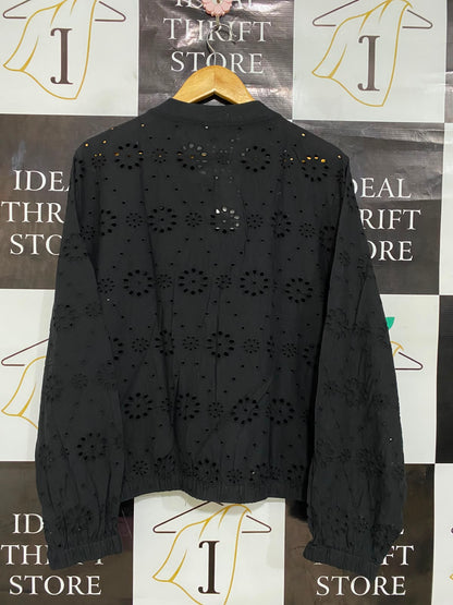 F&F |XL| BUST 24| A27| BLACK BRODERIE ANGLAISE EYELET ZIP-UP BOMBER JACKET