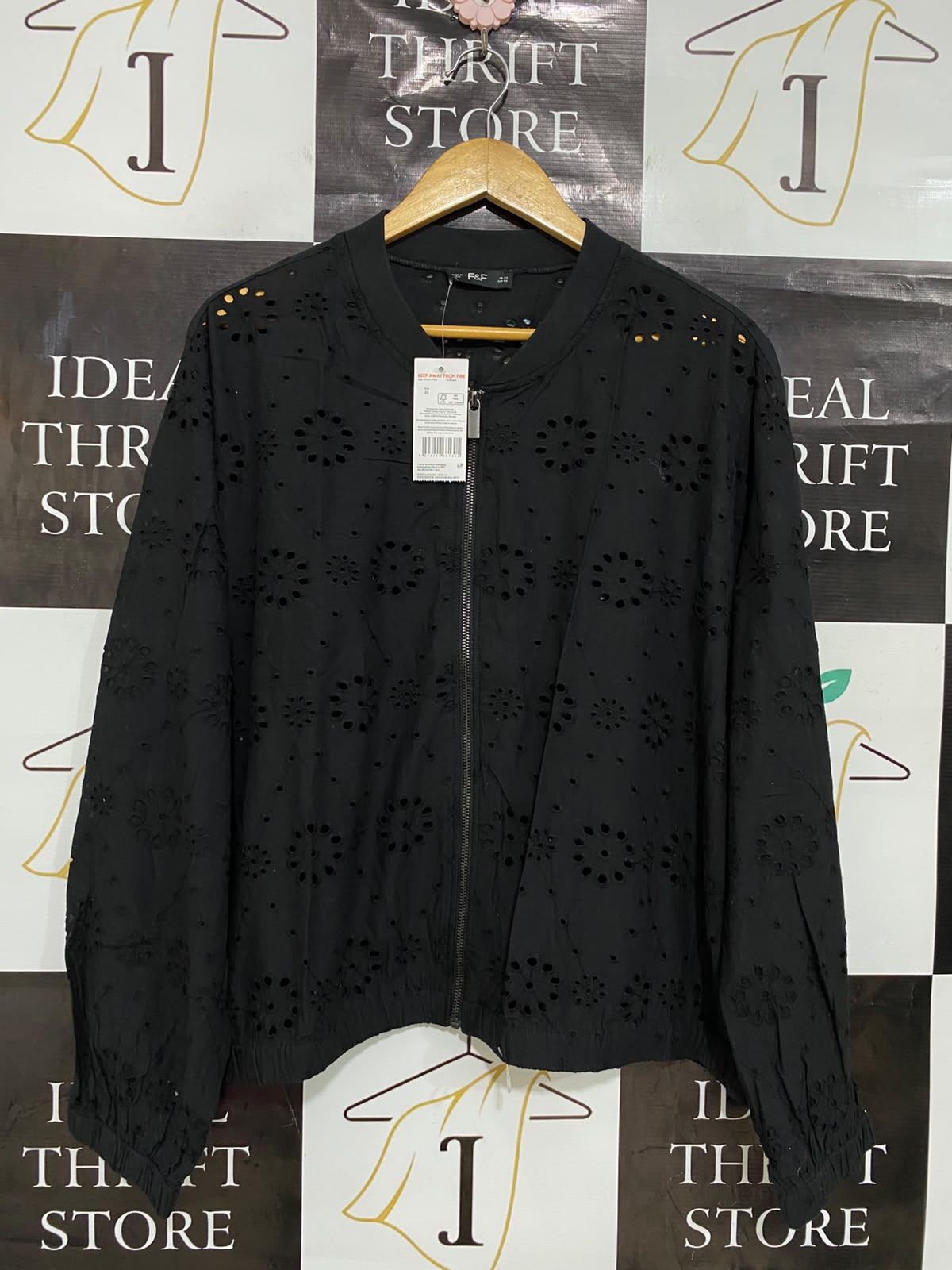 F&F |XL| BUST 24| A27| BLACK BRODERIE ANGLAISE EYELET ZIP-UP BOMBER JACKET