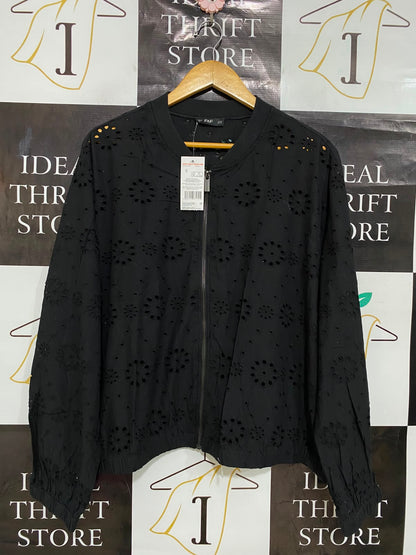 F&F |XL| BUST 24| A27| BLACK BRODERIE ANGLAISE EYELET ZIP-UP BOMBER JACKET