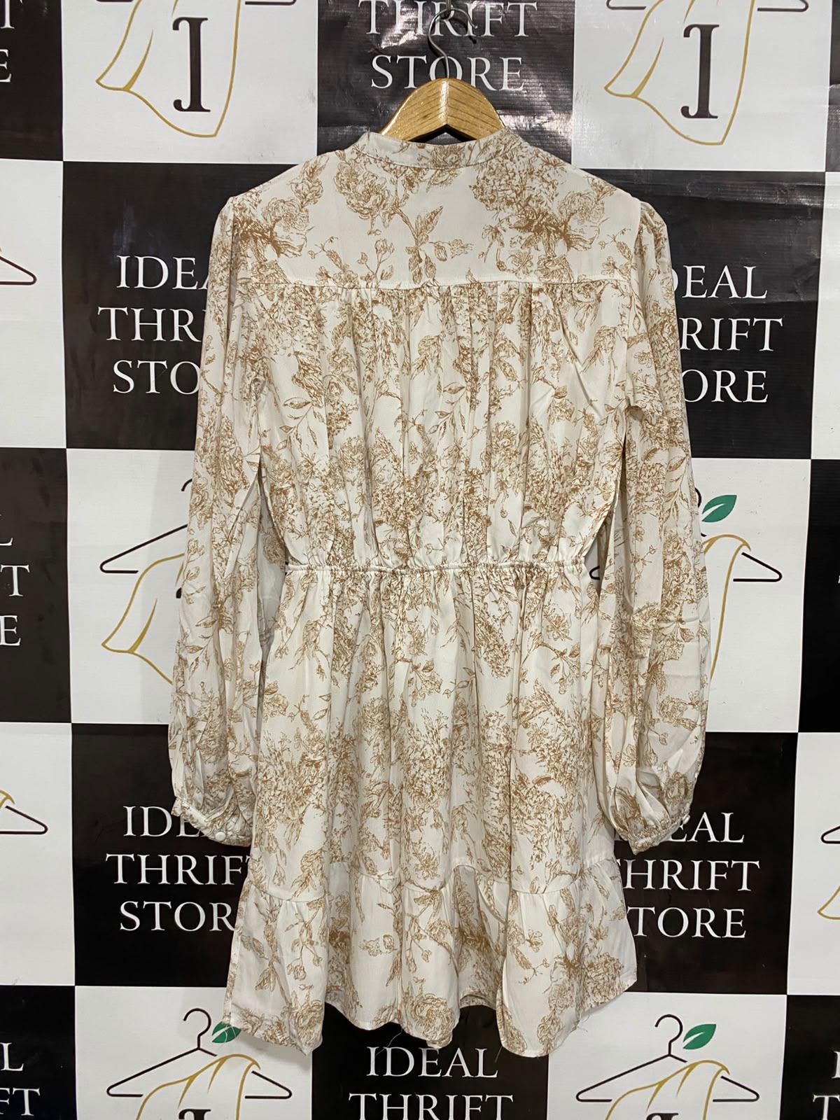 MISSGUIDED |S| BUST 18| A27| CREAM & BROWN FLORAL BUTTON-FRONT LONG-SLEEVE MINI DRESS