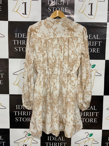 MISSGUIDED |S| BUST 18| A27| CREAM & BROWN FLORAL BUTTON-FRONT LONG-SLEEVE MINI DRESS