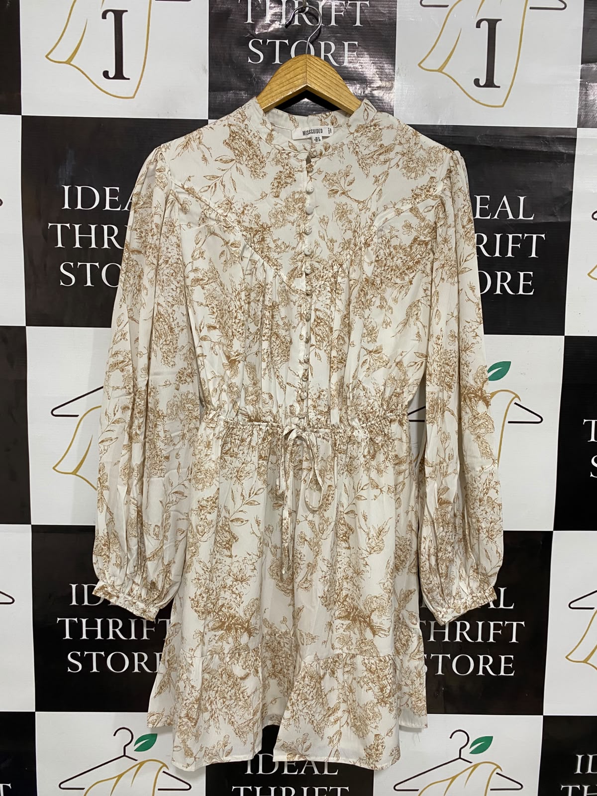 MISSGUIDED |S| BUST 18| A27| CREAM & BROWN FLORAL BUTTON-FRONT LONG-SLEEVE MINI DRESS