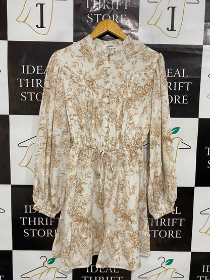 MISSGUIDED |S| BUST 18| A27| CREAM & BROWN FLORAL BUTTON-FRONT LONG-SLEEVE MINI DRESS