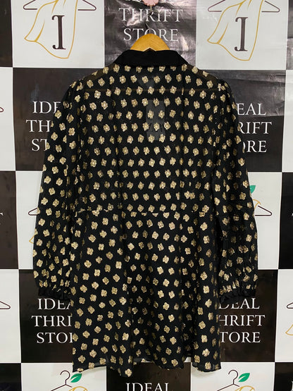 ZARA |XL| BUST 20| A27| BLACK & GOLD METALLIC JACQUARD COLLARED BUTTON-DOWN TUNIC DRESS