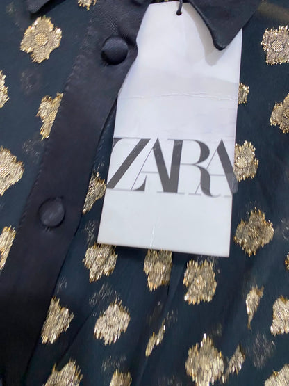 ZARA |XL| BUST 20| A27| BLACK & GOLD METALLIC JACQUARD COLLARED BUTTON-DOWN TUNIC DRESS