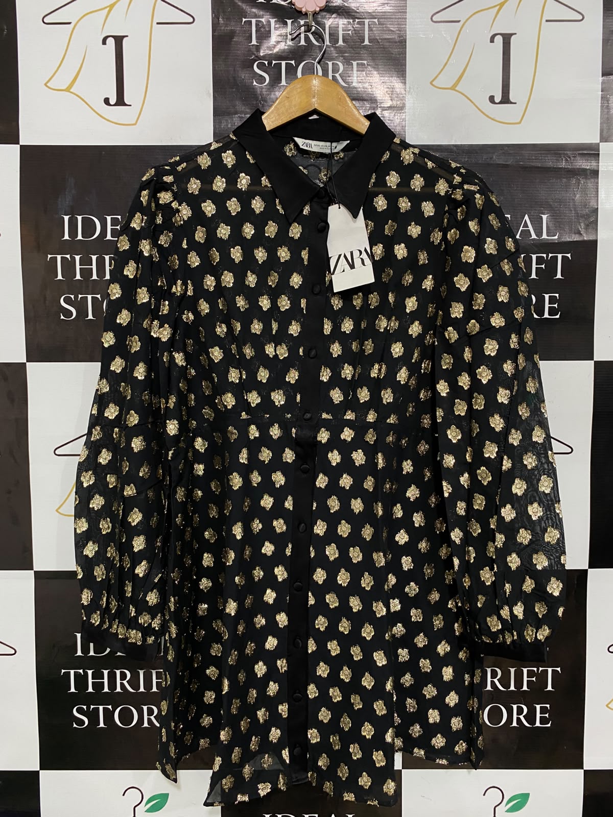 ZARA |XL| BUST 20| A27| BLACK & GOLD METALLIC JACQUARD COLLARED BUTTON-DOWN TUNIC DRESS