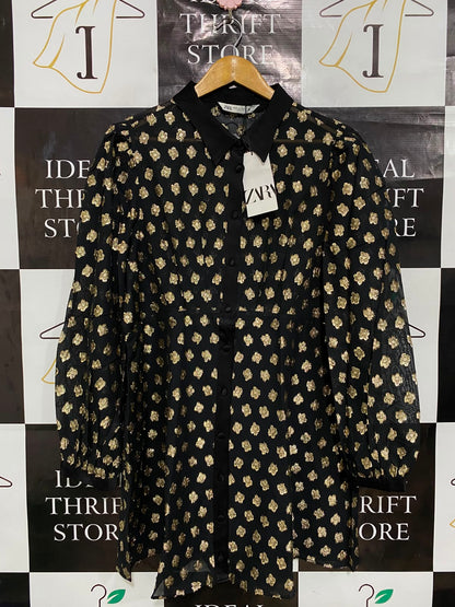 ZARA |XL| BUST 20| A27| BLACK & GOLD METALLIC JACQUARD COLLARED BUTTON-DOWN TUNIC DRESS