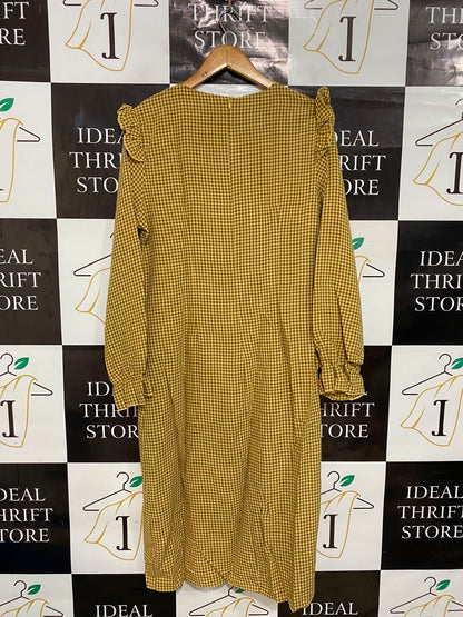 BOOHOO |L| BUST 19| A27| MUSTARD & WHITE GINGHAM RUFFLE-SHOULDER LONG-SLEEVE MIDI DRESS