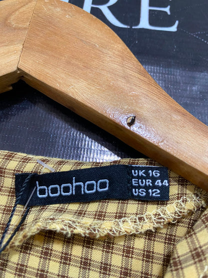BOOHOO |L| BUST 19| A27| MUSTARD & WHITE GINGHAM RUFFLE-SHOULDER LONG-SLEEVE MIDI DRESS