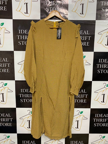 BOOHOO |L| BUST 19| A27| MUSTARD & WHITE GINGHAM RUFFLE-SHOULDER LONG-SLEEVE MIDI DRESS