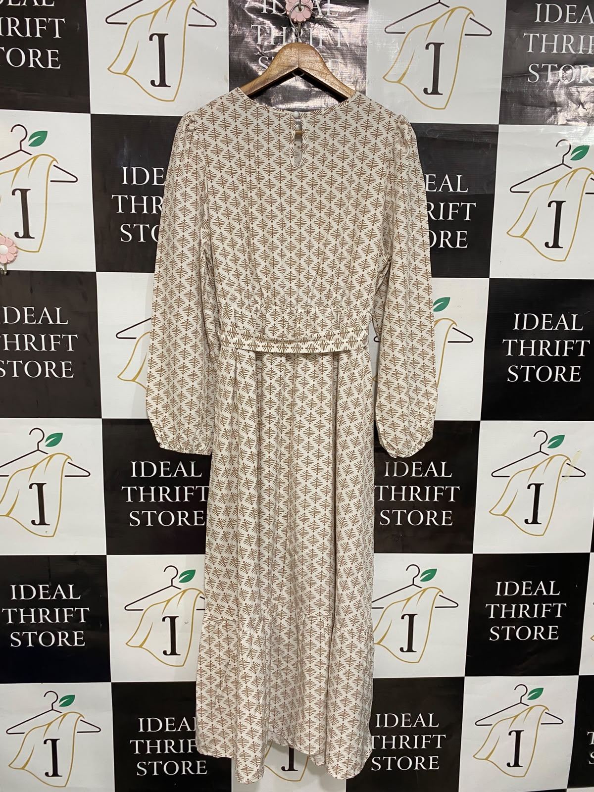 SHEIN CURVE |XL| BUST 20| A27| CREAM & BROWN GEOMETRIC PRINT TIE-WAIST LONG-SLEEVE MIDI DRESS