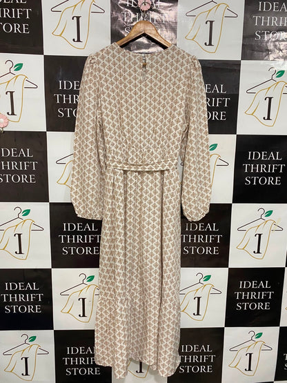 SHEIN CURVE |XL| BUST 20| A27| CREAM & BROWN GEOMETRIC PRINT TIE-WAIST LONG-SLEEVE MIDI DRESS