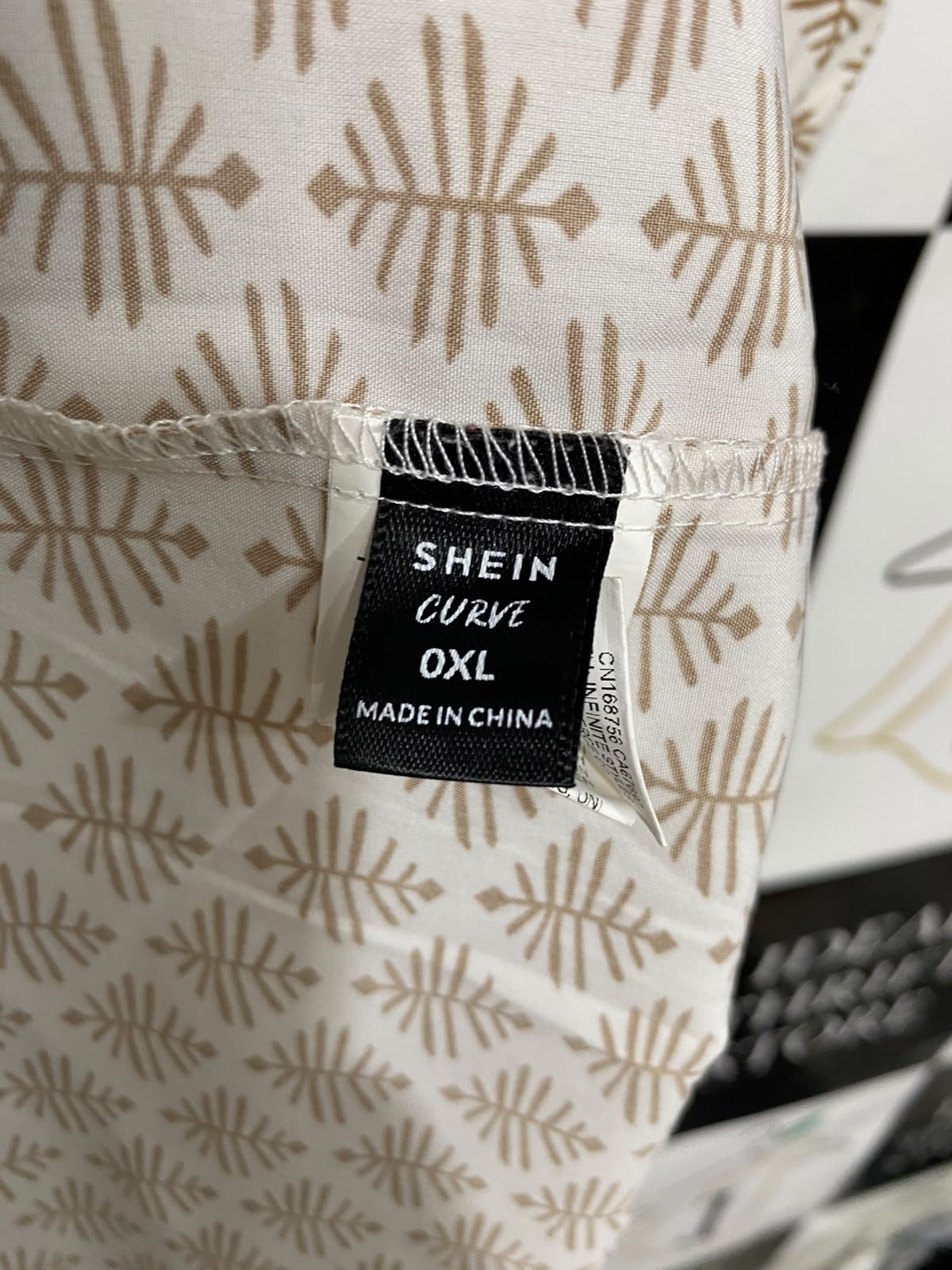 SHEIN CURVE |XL| BUST 20| A27| CREAM & BROWN GEOMETRIC PRINT TIE-WAIST LONG-SLEEVE MIDI DRESS