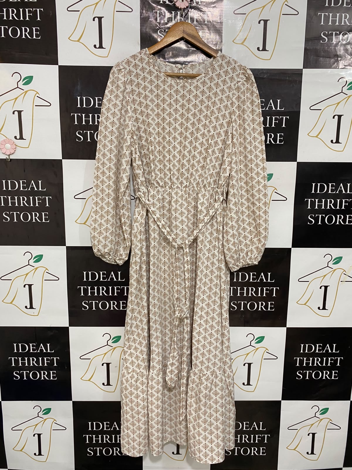 SHEIN CURVE |XL| BUST 20| A27| CREAM & BROWN GEOMETRIC PRINT TIE-WAIST LONG-SLEEVE MIDI DRESS