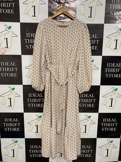 SHEIN CURVE |XL| BUST 20| A27| CREAM & BROWN GEOMETRIC PRINT TIE-WAIST LONG-SLEEVE MIDI DRESS