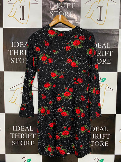 NEW LOOK |M| BUST 15| A27| BLACK & RED ROSE FLORAL POLKA DOT LONG-SLEEVE MINI DRESS