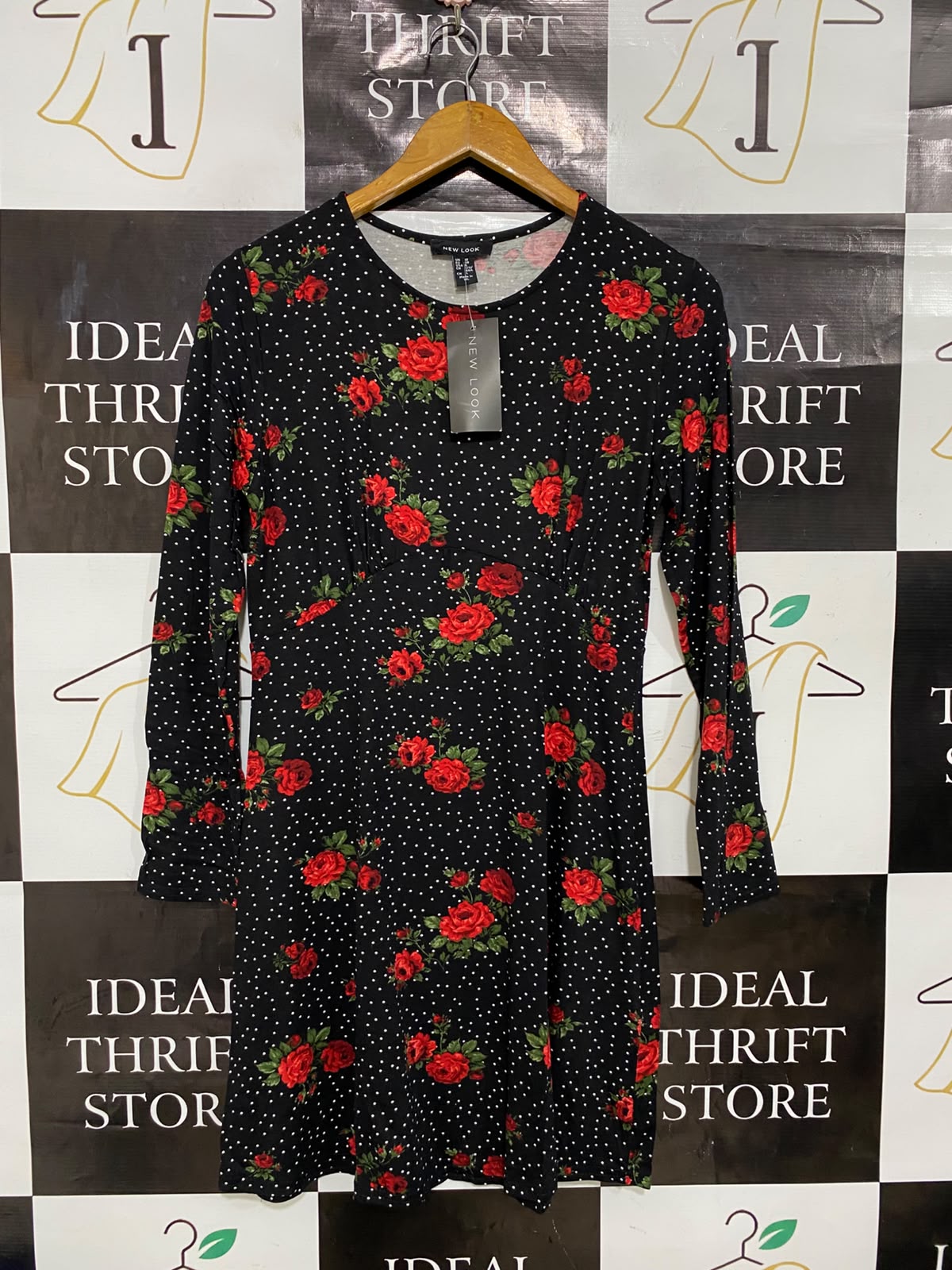 NEW LOOK |M| BUST 15| A27| BLACK & RED ROSE FLORAL POLKA DOT LONG-SLEEVE MINI DRESS