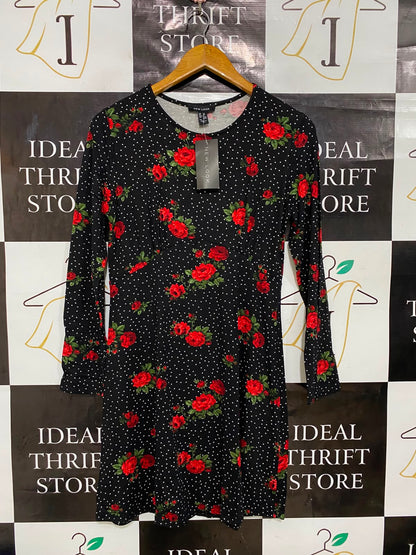 NEW LOOK |M| BUST 15| A27| BLACK & RED ROSE FLORAL POLKA DOT LONG-SLEEVE MINI DRESS