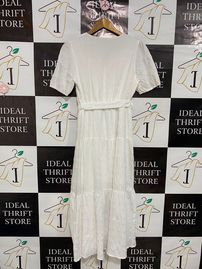 SHEIN |M| BUST 17| A27| CRISP WHITE V-NECK TIE-WAIST SHORT-SLEEVE MIDI DRESS