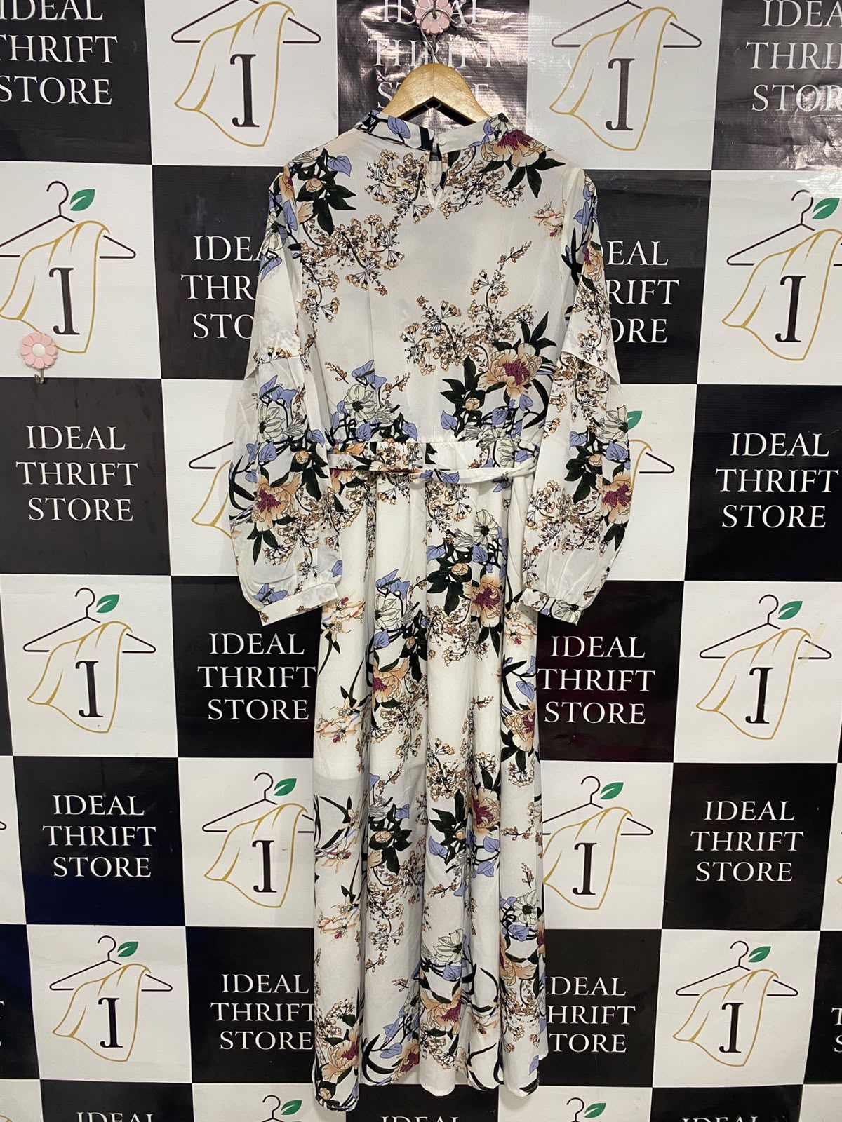 SHEIN |L| BUST 19| A27| WHITE & MULTICOLOR FLORAL HIGH-NECK TIE-WAIST LONG-SLEEVE MIDI DRESS