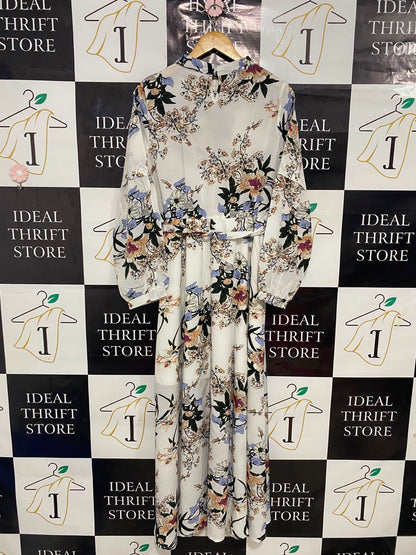 SHEIN |L| BUST 19| A27| WHITE & MULTICOLOR FLORAL HIGH-NECK TIE-WAIST LONG-SLEEVE MIDI DRESS