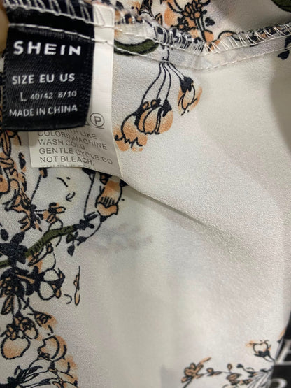 SHEIN |L| BUST 19| A27| WHITE & MULTICOLOR FLORAL HIGH-NECK TIE-WAIST LONG-SLEEVE MIDI DRESS