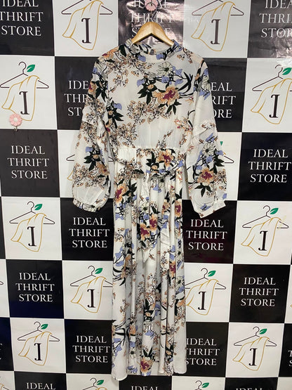 SHEIN |L| BUST 19| A27| WHITE & MULTICOLOR FLORAL HIGH-NECK TIE-WAIST LONG-SLEEVE MIDI DRESS