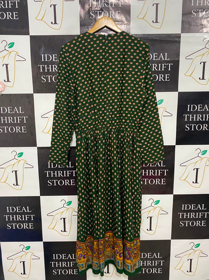 BEDFORD FAIR |L| BUST 19| A27| FOREST GREEN & MULTICOLOR BORDER-PRINT LONG-SLEEVE MIDI DRESS