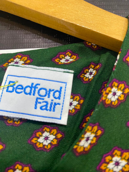 BEDFORD FAIR |L| BUST 19| A27| FOREST GREEN & MULTICOLOR BORDER-PRINT LONG-SLEEVE MIDI DRESS