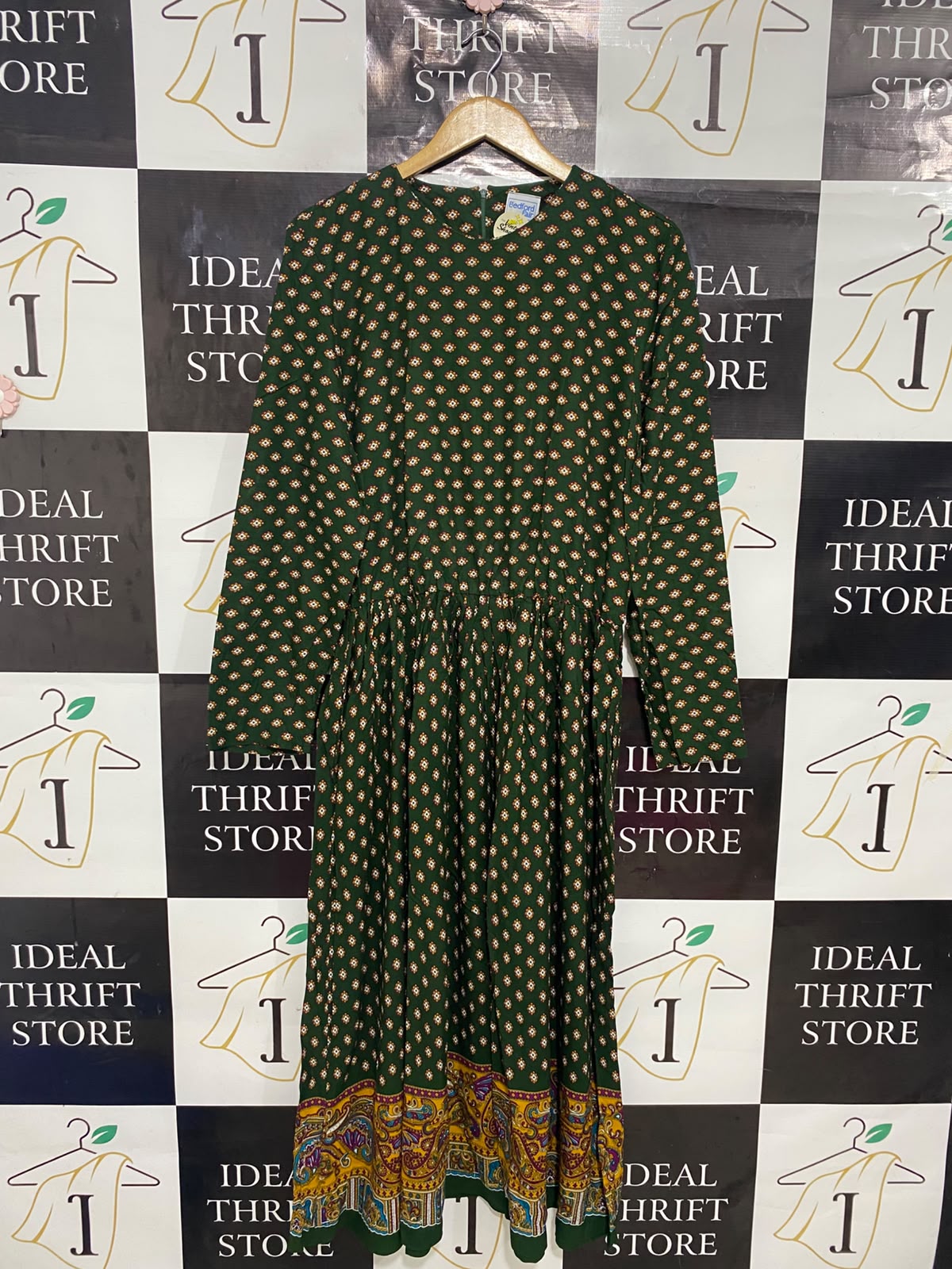 BEDFORD FAIR |L| BUST 19| A27| FOREST GREEN & MULTICOLOR BORDER-PRINT LONG-SLEEVE MIDI DRESS