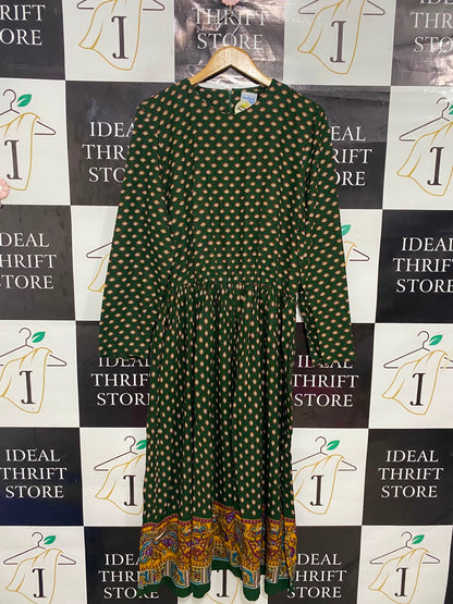 BEDFORD FAIR |L| BUST 19| A27| FOREST GREEN & MULTICOLOR BORDER-PRINT LONG-SLEEVE MIDI DRESS