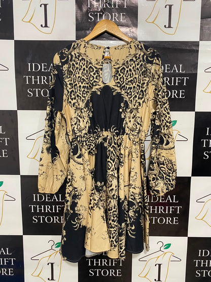 CAMEO ROSE |M| BUST 18| A27| BLACK & BEIGE BAROQUE ANIMAL PRINT LONG-SLEEVE MINI DRESS