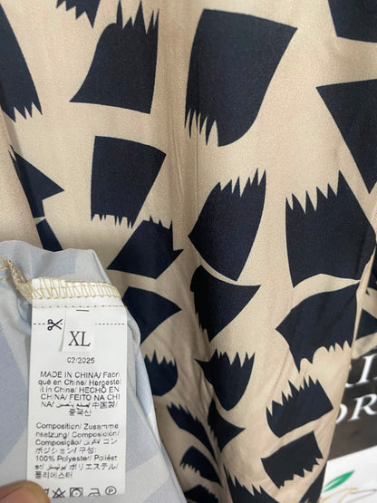 |XL| BUST 22| A27| BEIGE & BLACK ABSTRACT GEOMETRIC LONG-SLEEVE MIDI DRESS