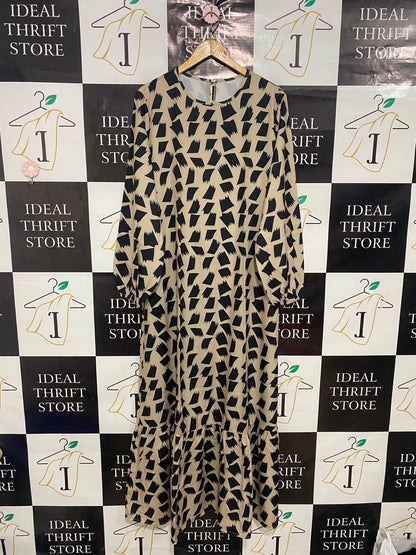 |XL| BUST 22| A27| BEIGE & BLACK ABSTRACT GEOMETRIC LONG-SLEEVE MIDI DRESS