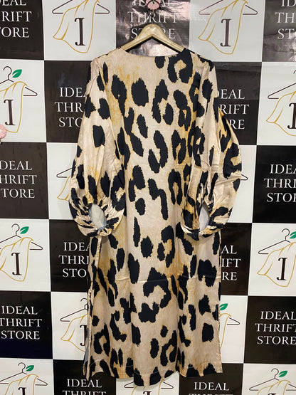 |L| BUST 22| A27| BOLD LEOPARD PRINT V-NECK LONG-SLEEVE MIDI DRESS
