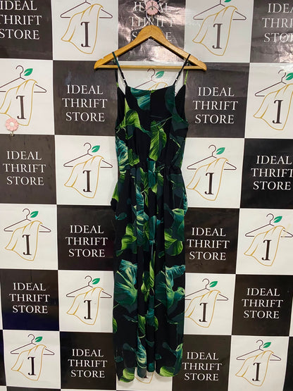 APRICOT |M| BUST 15| A27| BLACK & GREEN TROPICAL MONSTERA LEAF CAMI JUMPSUIT