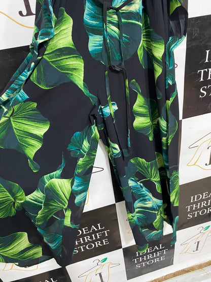 APRICOT |M| BUST 15| A27| BLACK & GREEN TROPICAL MONSTERA LEAF CAMI JUMPSUIT