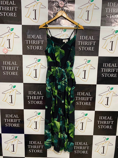 APRICOT |M| BUST 15| A27| BLACK & GREEN TROPICAL MONSTERA LEAF CAMI JUMPSUIT