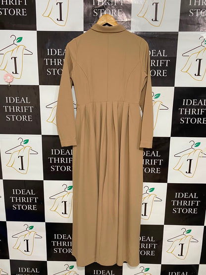 ABACI |M| BUST 17| A27| CLASSIC CAMEL / BEIGE COLLARED PLEATED LONG-SLEEVE MIDI DRESS