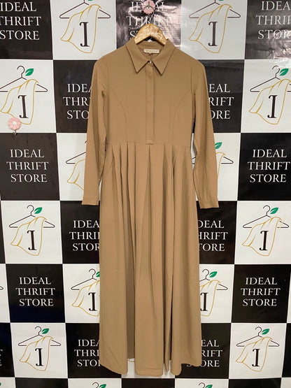 ABACI |M| BUST 17| A27| CLASSIC CAMEL / BEIGE COLLARED PLEATED LONG-SLEEVE MIDI DRESS