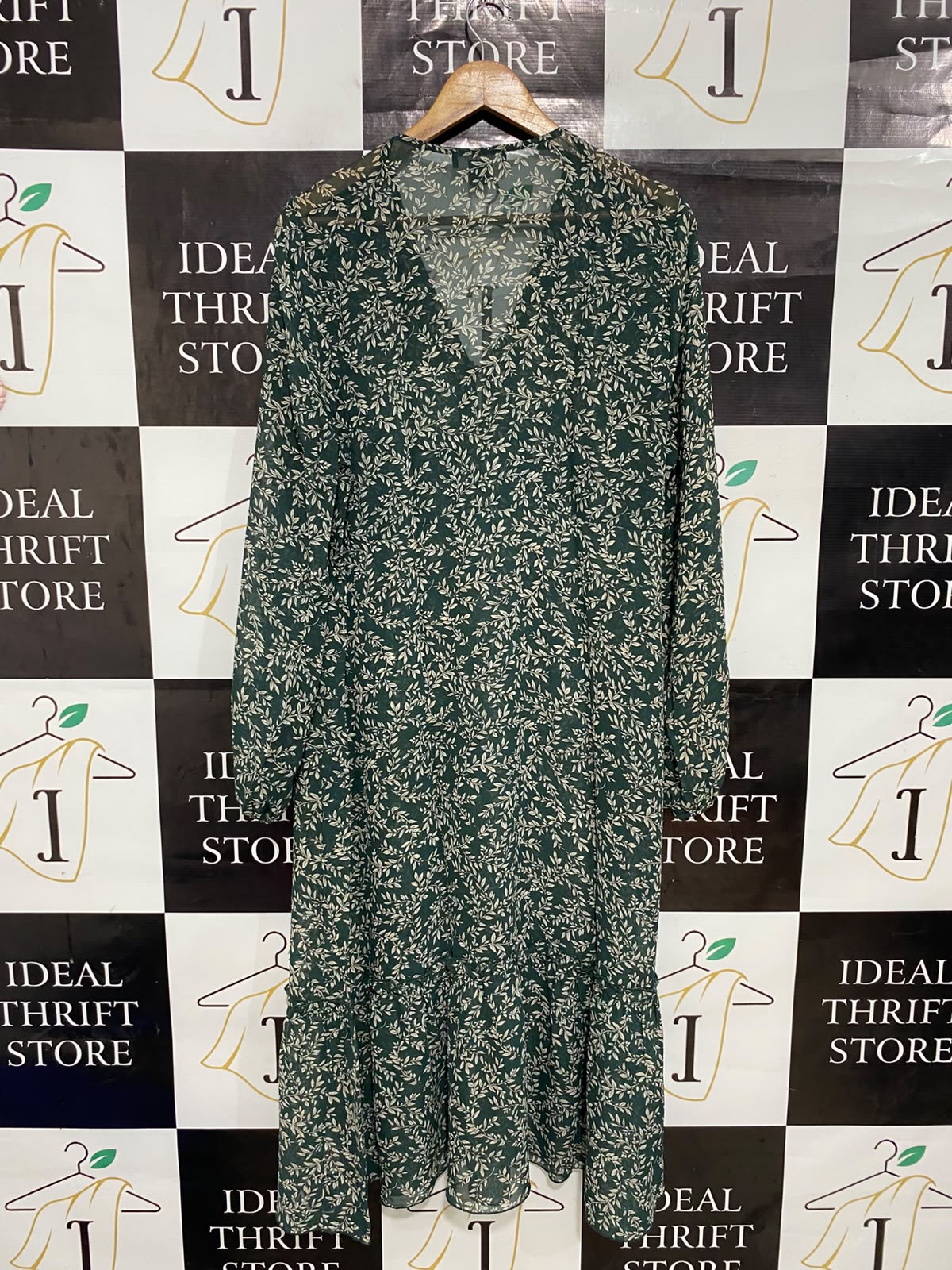 PRIMARK |L| BUST 21| A27| FOREST GREEN & CREAM LEAF PRINT V-NECK LONG-SLEEVE MIDI DRESS