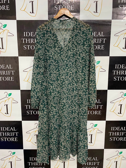 PRIMARK |L| BUST 21| A27| FOREST GREEN & CREAM LEAF PRINT V-NECK LONG-SLEEVE MIDI DRESS