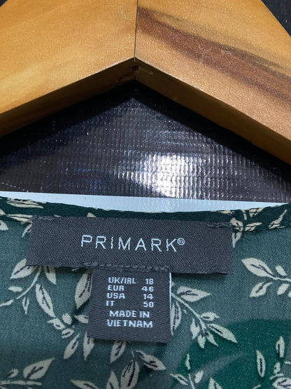 PRIMARK |L| BUST 21| A27| FOREST GREEN & CREAM LEAF PRINT V-NECK LONG-SLEEVE MIDI DRESS