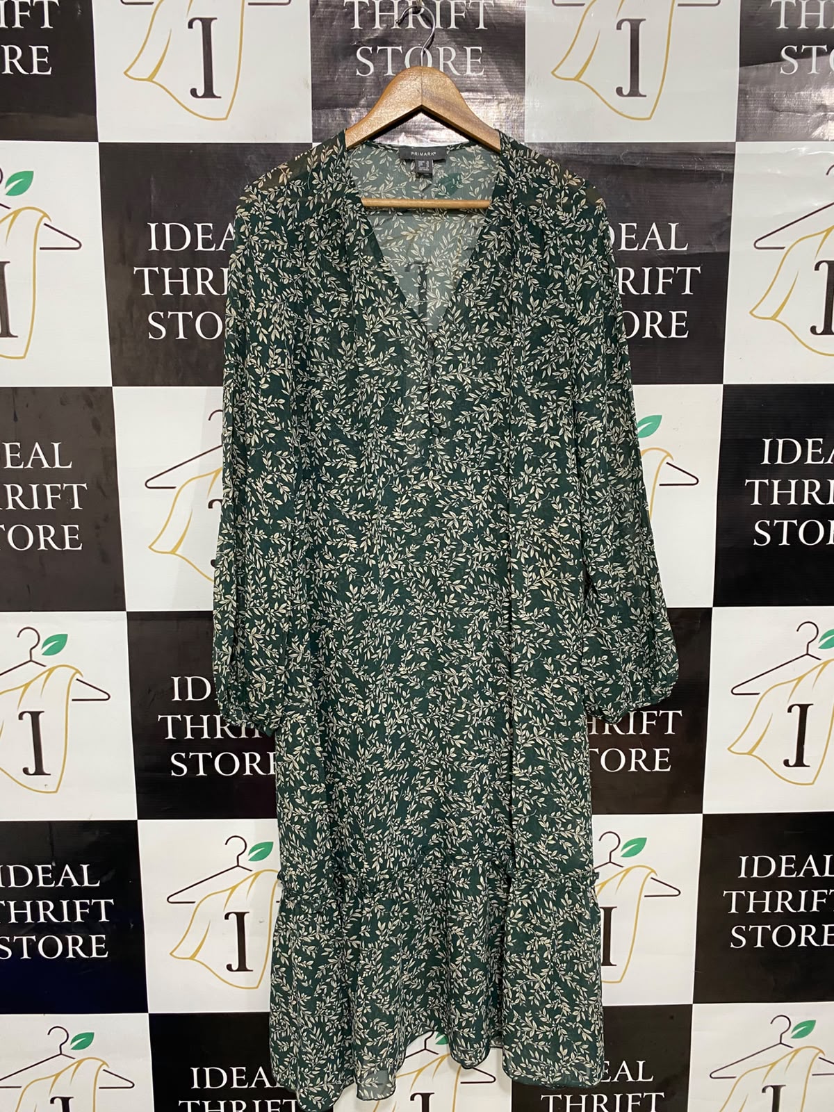 PRIMARK |L| BUST 21| A27| FOREST GREEN & CREAM LEAF PRINT V-NECK LONG-SLEEVE MIDI DRESS